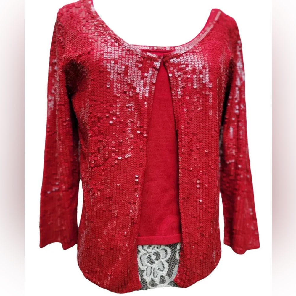 💙💚💚OSCAR DE LA RENTA SILK SEQUIN CARDIGAN. - Picture 6 of 9